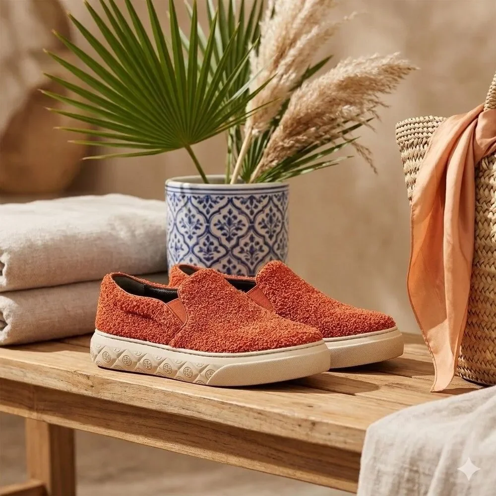 Tory Burch Howell Slip On Sneakers Womens 7.5 Orange Boucle Raffia Shoes 149646